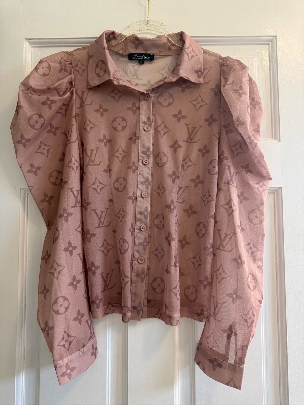 Sheer Puff-Sleeve Button-Front Blouse in Mauve